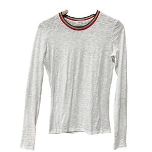 Goldie Shirt Womens XS White Rainbow Trim Long Sleeve Crewneck Fitted Cotton